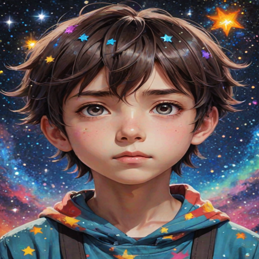 A little anime boy with close up eyes, sparkling eyes, close - up, two eyes looking forward, long eyelashes, bangs, surrounded by many colorful stars, brilliant colors, meteors, MilkyWay, colorful star clusters, close - up shots, oil painting style, very obvious oil painting minimalist palette style, 32k uhd, beautiful booru, old era, color manga