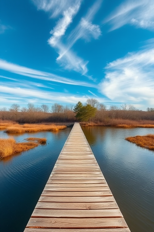 Capture a serene landscape of a wooden boardwalk extending over calm water, surrounded by trees and sparse vegetation under a blue sky with wispy clouds, using a Canon EOS R5, 24mm lens, f/8 aperture, 1/200s shutter speed, ISO 200, in landscape orientation.