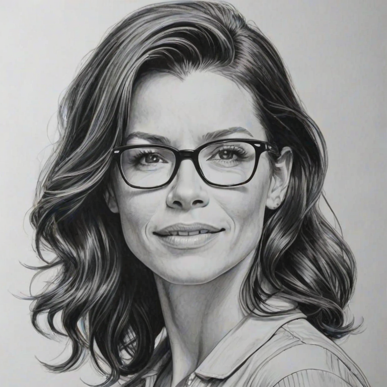 Magnificent Evangeline Lilly, pencil sketch, portrait of Elegant woman 1962s in glasses, hair style beatnik, outline, clear lines, fine lines, 8k