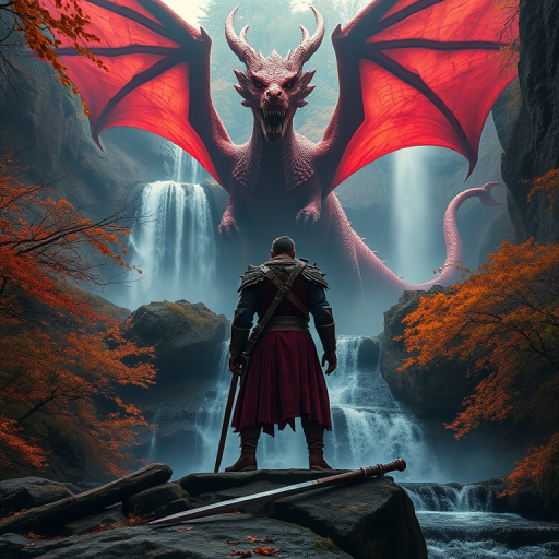 Create a highly detailed fantasy scene of a warrior standing in front of a majestic red dragon above a waterfall surrounded by autumn foliage in a mystical landscape, shot with a Canon EOS R5, 24mm lens, f/2.8 aperture, ISO 100, shot from a low-angle view to capture dramatic lighting and depth.
