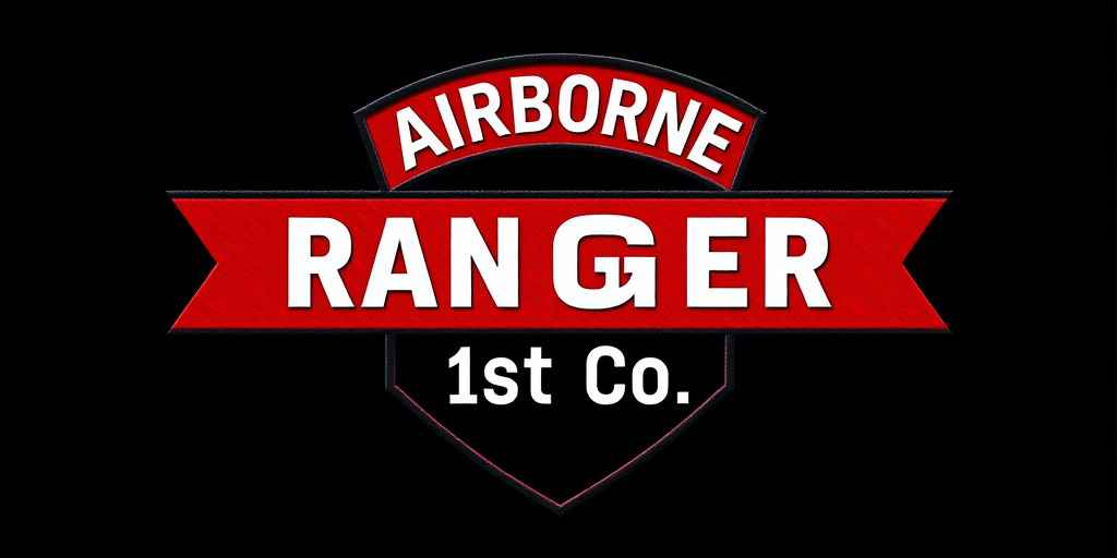 Create an image of a bold military badge featuring a red banner with the text "AIRBORNE" at the top, "RANGER" in the center, and "1st Co" at the bottom, set against a black background; use a DSLR camera with a 50mm lens, f/2.8 aperture, ISO 100, and a shallow depth of field for enhanced clarity and detail.