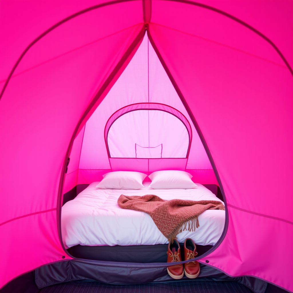 design a vibrant pink tent interior with a cozy sleeping area featuring a neatly made bed and a pair of shoes by the entrance, shot with a Canon EOS 5D Mark IV, 50mm lens, f/2.8 aperture, ISO 200, in soft natural light, front view, high-resolution.