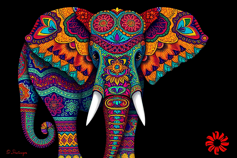 Create a vibrant and intricate illustration of an elephant adorned with intricate patterns and colors, using a high-resolution camera with a focal length of 50mm, aperture set at f/4, ISO 100, natural daylight, and a shallow depth of field for enhanced detail and clarity.