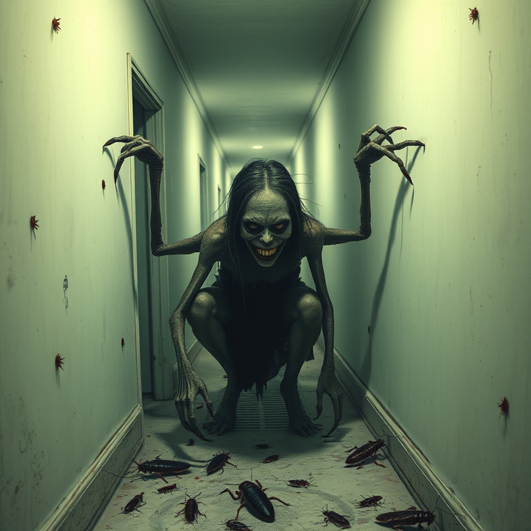 a crooked female with long arms and a creepy smile is crawling along a long white corridor and you can also see cockroaches in it there is a creepy atmosphere creepy art style