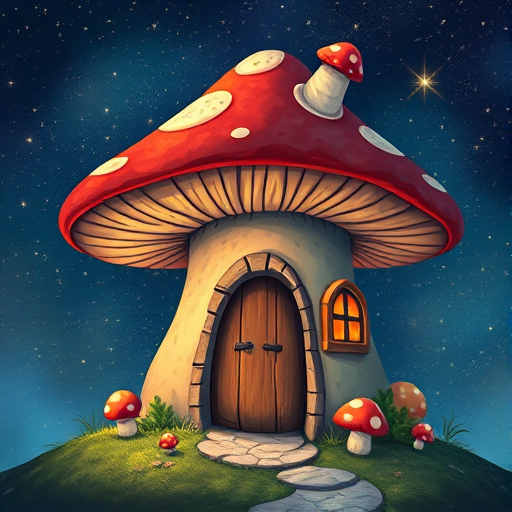 create illustration of a mushroom house with a door and a window, a storybook , fantasy art, mushroom house, bg starry sky, sparkles