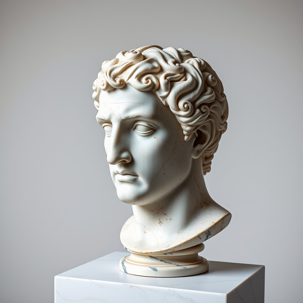 Create a high-resolution image of a marble bust of Julius Caesar, shot with a Canon EOS R5 at f/8, ISO 100, 1/125s, in a studio setting with softbox lighting to enhance details and textures.