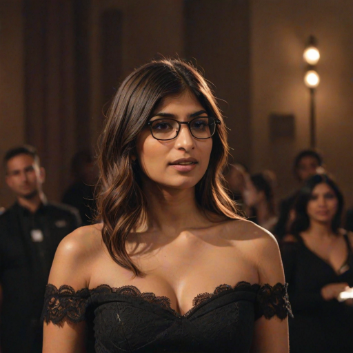 mia khalifa with long, flowing brown hair is standing in the center of the frame, holding a microphone in her right hand, and looking slightly off to the right side of the frame. She is wearing a black, off-the-shoulder dress with delicate lace detailing. The lighting is warm and dramatic, creating a spotlight effect on the singer. There are other figures in the background, blurred and out of focus, suggesting a concert or performance setting. The camera angle is low, capturing the woman from the waist up. The overall atmosphere is intimate and captivating.