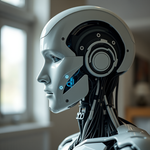 Create a hyper-realistic image of a humanoid robot with refined features and intricate internal circuitry, captured in soft natural lighting at f/1.8, ISO 100, 50mm lens, viewed from a 45-degree angle to showcase its profile, using a DSLR camera for high image quality.