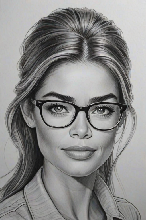 Wonderful Denise Richards, pencil sketch, portrait of Comely woman 1960s in glasses, hair style beatnik, outline, clear lines, fine lines, 8k