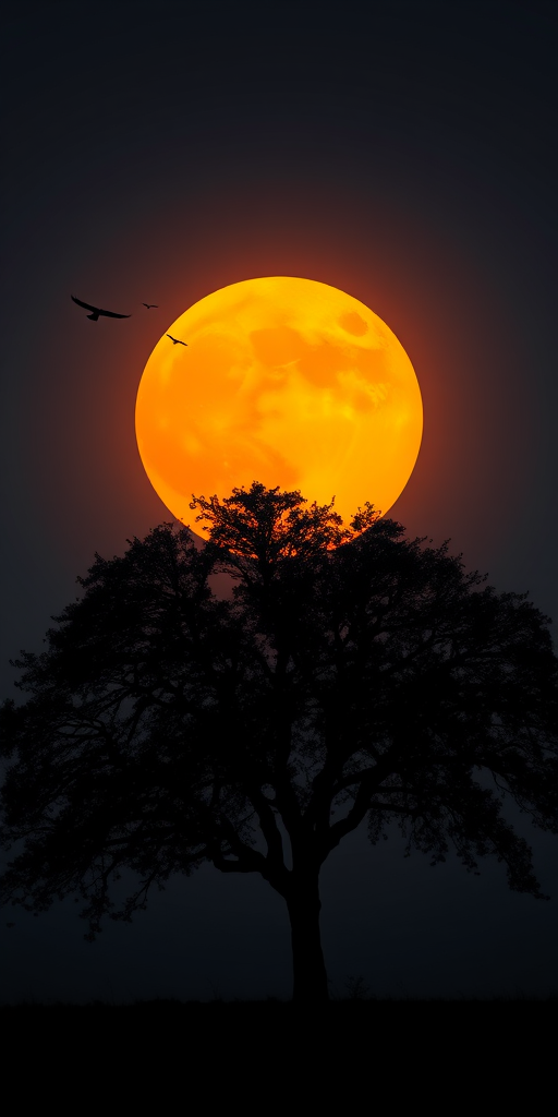 Create a silhouette of a tree against a moonlit sky with a large orange sun, capturing flying birds in the background, use a DSLR camera, aperture f/8, ISO 100, shutter speed 1/125s, landscape view, and a high contrast style for clarity.