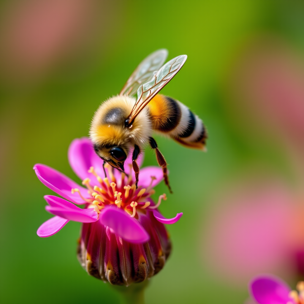 macro shot of a bee perched on a vibrant pink flower, shallow depth of field, f/2.8 aperture, 100mm lens, ISO 200, 1/200 sec shutter speed, natural lighting, Canon DSLR camera