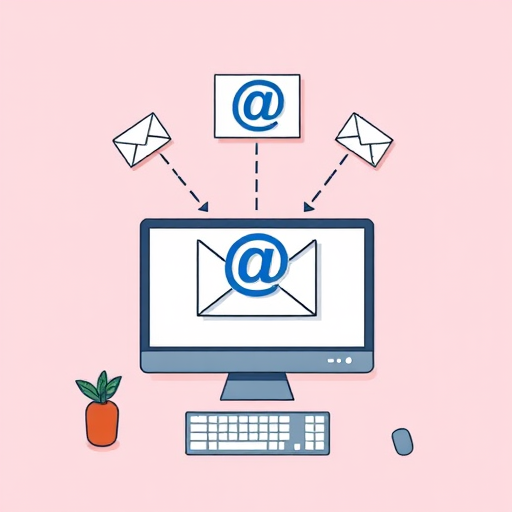 generate a high-resolution illustration of a computer with an envelope symbol and an at symbol above it, using a 50mm lens, aperture f/8, ISO 100, top-down view, flat lay style, digital illustration