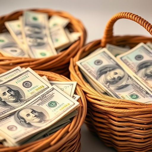 A close-up image of three wicker baskets filled with stacks of hundred-dollar bills, illuminated with soft, warm lighting, taken with a DSLR camera at f/2.8, 1/60 sec, ISO 100, shot from a slightly elevated angle in a studio setting to enhance texture and detail.