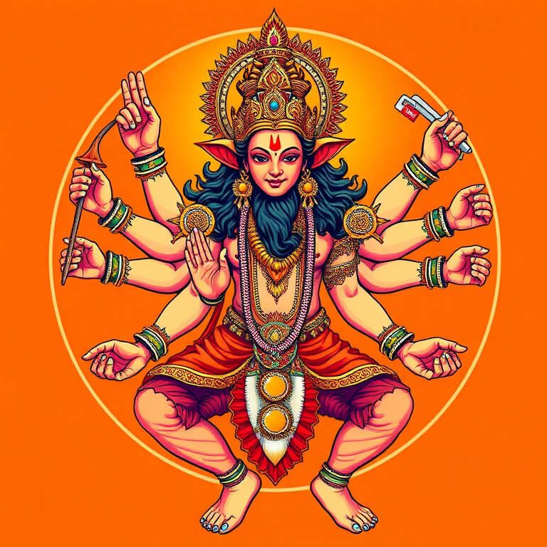 Regenerate a vibrant illustration of a multi-armed deity with an orange background, showcasing intricate details and dynamic poses, captured with a DSLR camera at f/2.8, ISO 100, 1/250s, using a wide-angle lens and a high-contrast style for enhanced colors and clarity.