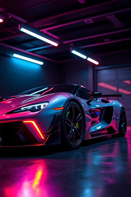Regenerate an image of a sleek, modern sports car with vibrant neon lights in a dark garage setting, using a DSLR camera with a wide-angle lens, aperture f/2.8, ISO 100, shutter speed 1/125 sec, low angle view, soft focus background, and high saturation to enhance colors.