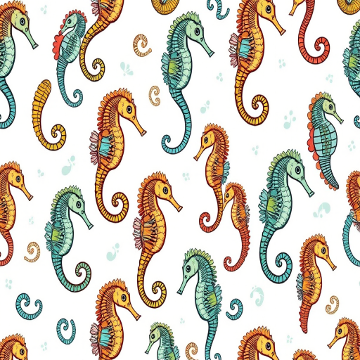 create a seamless pattern of illustrated seahorses in a whimsical style on a white background, shot with a Canon EOS R5 at f/8, ISO 100, 50mm lens, using soft natural lighting for enhanced color and detail
