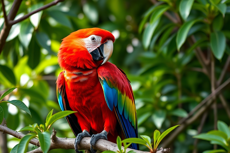 Capture a vibrant scarlet macaw perched on a branch surrounded by lush green foliage, using a DSLR camera with a 50mm lens, aperture f/1.8, ISO 200, and a shutter speed of 1/100 sec for sharp details and rich colors in natural light.
