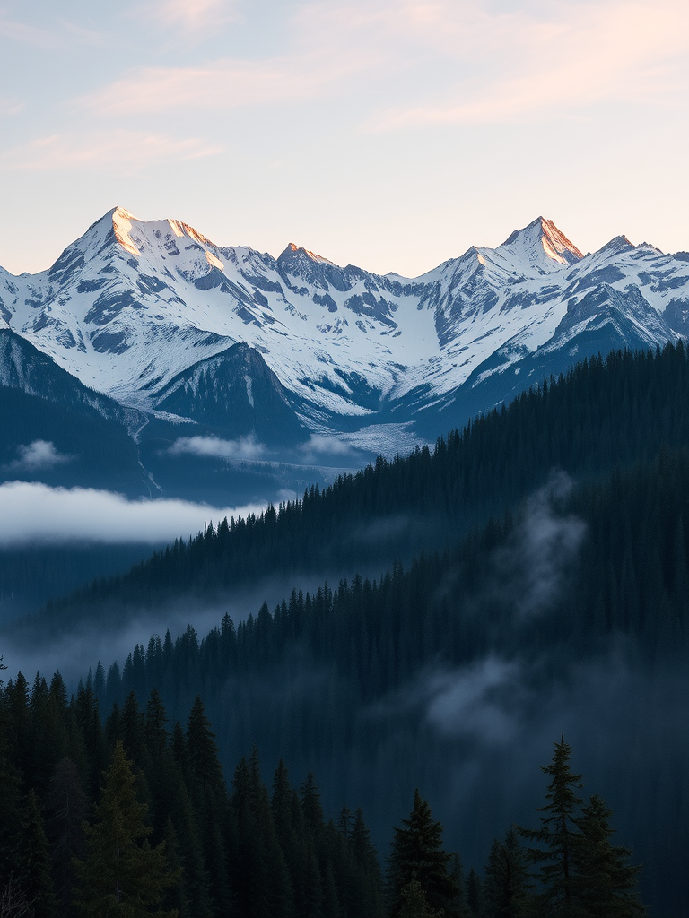 regenerate a breathtaking mountain landscape featuring snow-capped peaks at sunrise, with mist rising over dense forests, shot with a Canon EOS R5, 24mm lens, aperture f/8, ISO 100, shutter speed 1/125 sec, in landscape view for enhanced detail and color depth