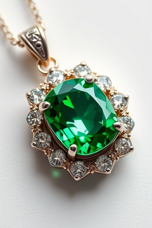Regenerate an exquisite green gemstone pendant encased in intricate diamond settings, captured with a macro lens at f/2.8, 1/125s, ISO 100, shot with a Canon EOS R5 in a studio setting with a white background to enhance color vibrancy and detail.
