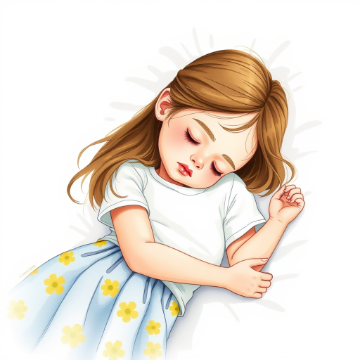 Create an illustration of a young girl sleeping on her side, wearing a simple white t-shirt and a patterned skirt with yellow flowers, using watercolor style, soft focus, shot with a Canon EOS R5 at f/2.8, 50mm lens, natural light to enhance soft shadows and colors.