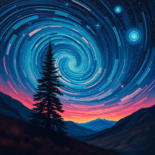 Create a vibrant landscape painting featuring swirling night skies with bright stars, a tall dark tree silhouette in the foreground, use DSLR camera settings ISO 100, f/8, shutter speed 1/60 sec, wide-angle lens, and a painterly style for enhanced color depth and texture.