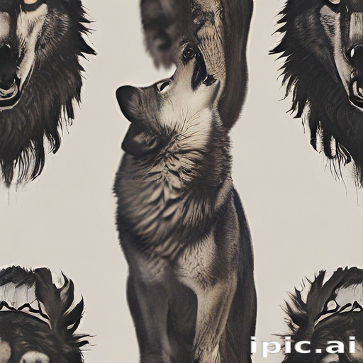 Dynamic Interaction Between Wolves and a Lone Dog in Artistic Design