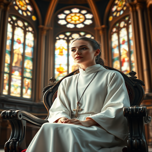 Create a digital artwork of a young woman dressed in a white robe with a cross necklace, seated on an ornate throne in a grand cathedral with stained glass windows, soft sunlight streaming in, ultra-HD clarity, camera settings: f/1.8 aperture, ISO 100, 50mm lens, use a DSLR camera style, capturing a portrait view with dramatic lighting and rich colors.