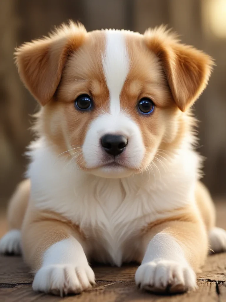 Adorable Puppy with Fluffy Coat and Bright Blue Eyes Relaxing on Wooden ...