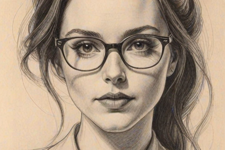 Beauteous Erin Darke, pencil sketch, portrait of Bewitching woman 1971s in glasses, hair style beatnik, outline, clear lines, fine lines, 8k