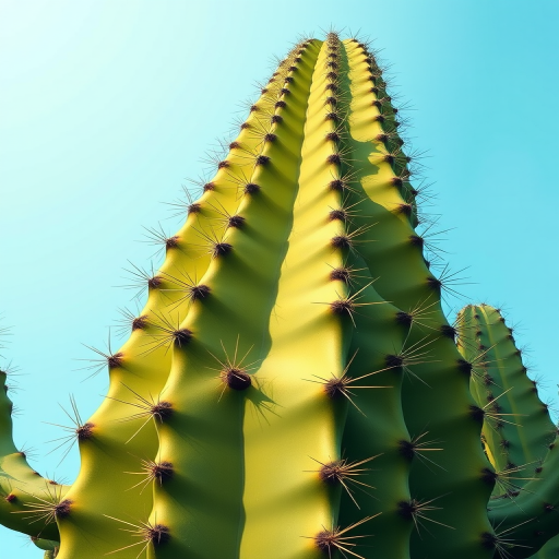 Create a detailed illustration of a tall green cactus with prominent spikes, using a high-resolution digital format, set to a 50mm lens, f/8 aperture, and 1/125 shutter speed, capturing the cactus from a low angle against a clear blue sky background for enhanced contrast and depth.