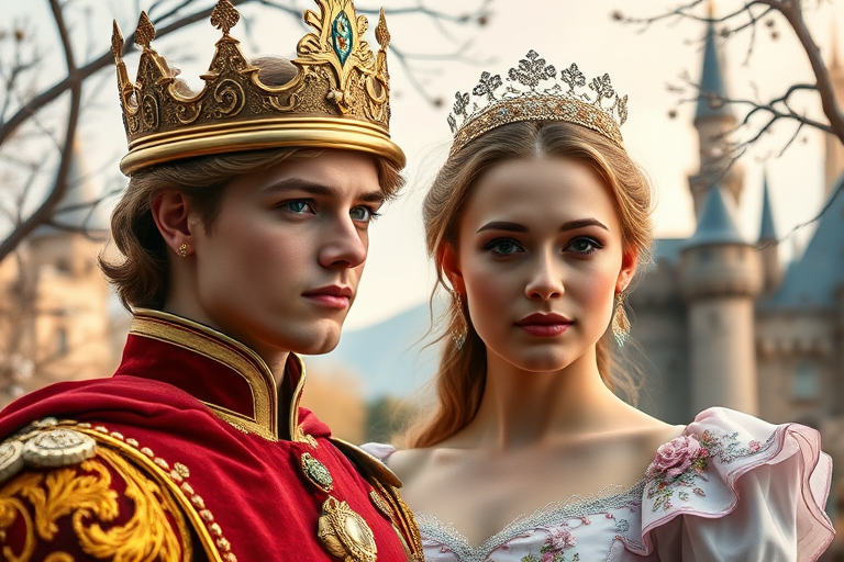 Generate a high-resolution portrait of a prince and princess in a fairytale setting, with a castle in the background, using a Canon EOS R5 camera with a 50mm f/1.2 lens, aperture set to f/2.8 for soft focus, ISO 100, and a vibrant color profile to enhance skin tones and background scenery.