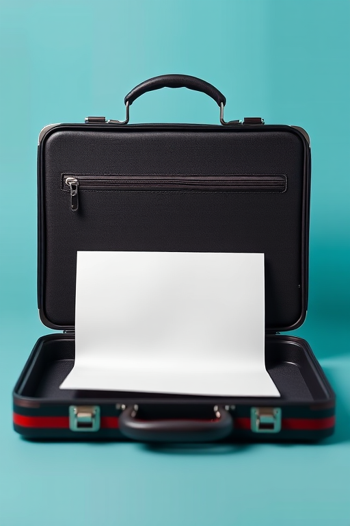 Create a high-resolution vector-style image of a briefcase with a piece of paper in front, using a shallow depth of field, shot from a slightly elevated angle at f/4 aperture, ISO 100, 50mm lens on a DSLR camera against a solid teal background.