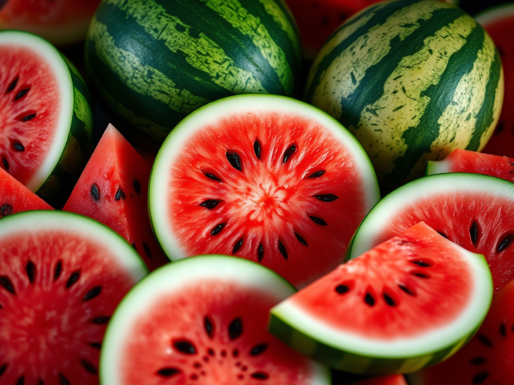Create a highly detailed, vibrant image of various watermelons and watermelon slices arranged artistically, macro view, aperture f/2.8, shutter speed 1/250s, ISO 100, using a DSLR camera, ensuring vivid colors and sharp contrast.