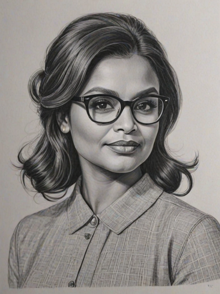 Stunning Mindy Kaling, pencil sketch, portrait of Exquisite woman 1961s in glasses, hair style beatnik, outline, clear lines, fine lines, 8k