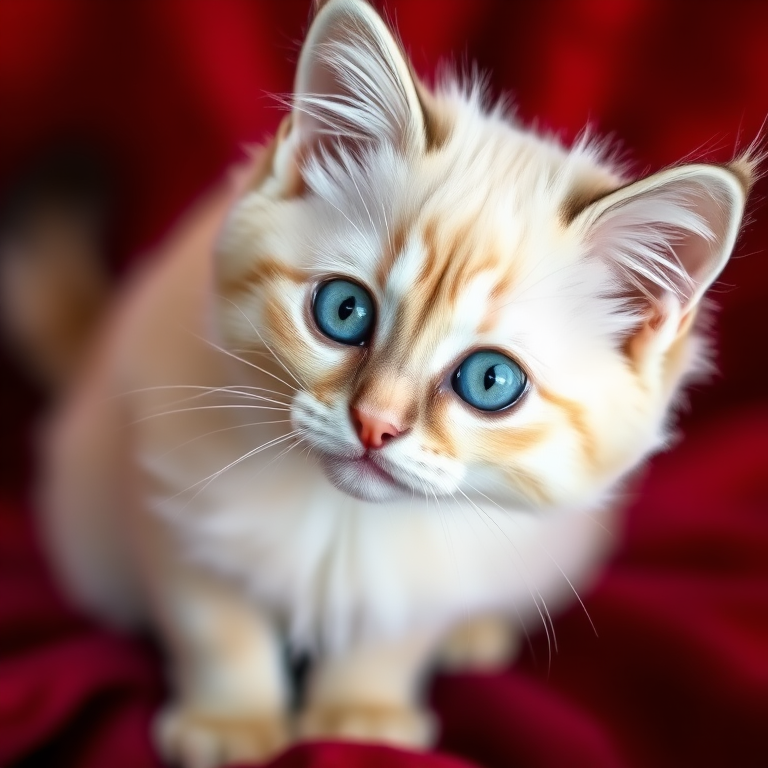 Capture a close-up of a cream-colored cat with blue eyes sitting on a red velvet background, using a DSLR camera, 50mm lens, f/1.8 aperture, ISO 200, and natural light for a soft focus effect.