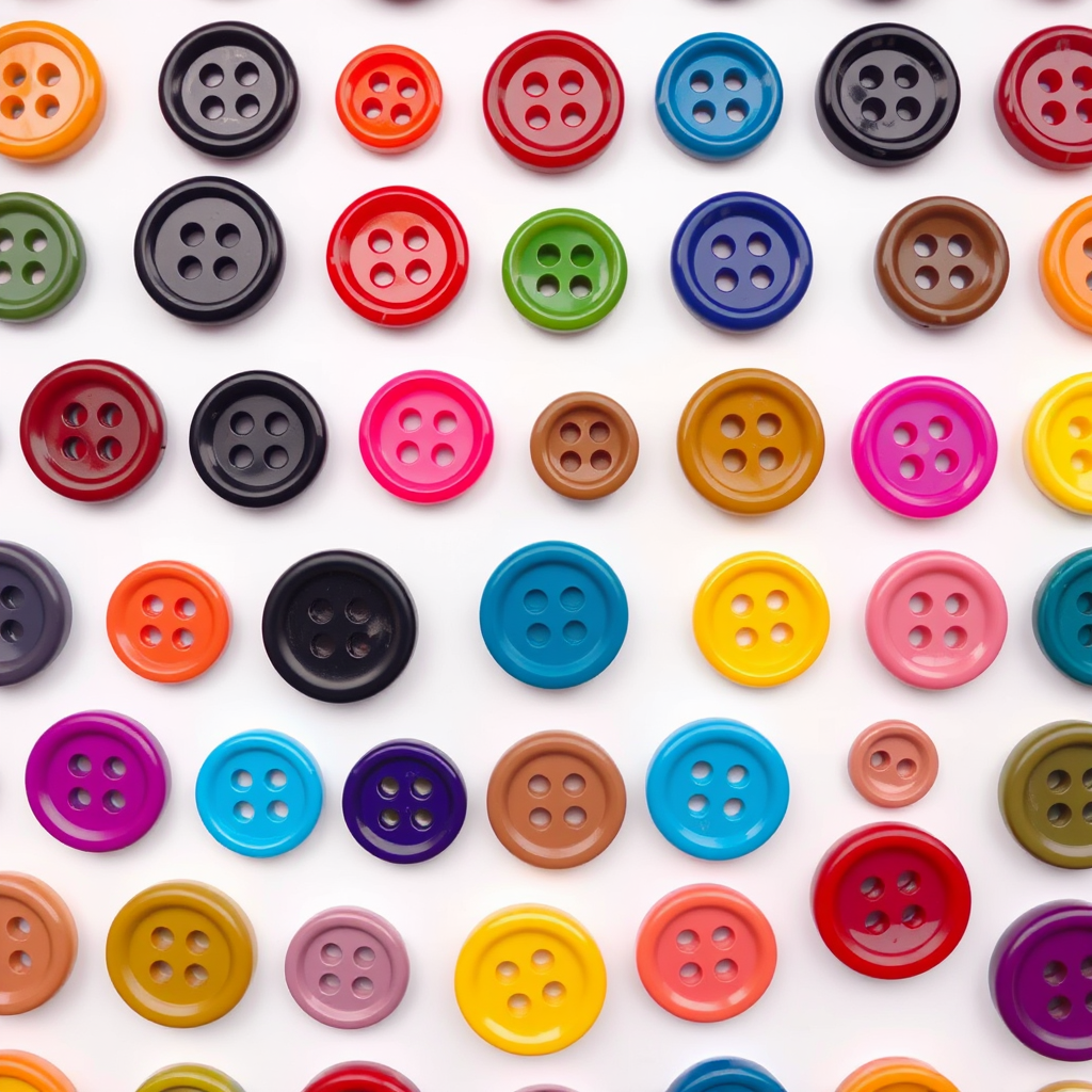 Create a high-resolution image of a grid of glossy, round buttons in various colors (orange, black, red, blue, green, yellow, pink, blue, purple, magenta, and olive) with a white background, using a DSLR camera with a 50mm lens, f/2.8 aperture, ISO 100, and a top-down view to enhance the clarity and vibrancy of the colors.