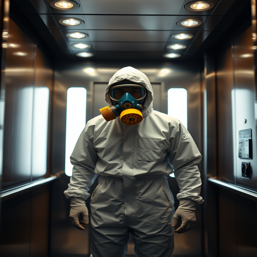 a person wearing a white hazmat suit and yellow gas mask standing in a brightly lit elevator, taken with a Canon EOS R5, 50mm lens, f/1.8 aperture, ISO 100, soft diffuse light, focus on the subject with a shallow depth of field, cinematic tone