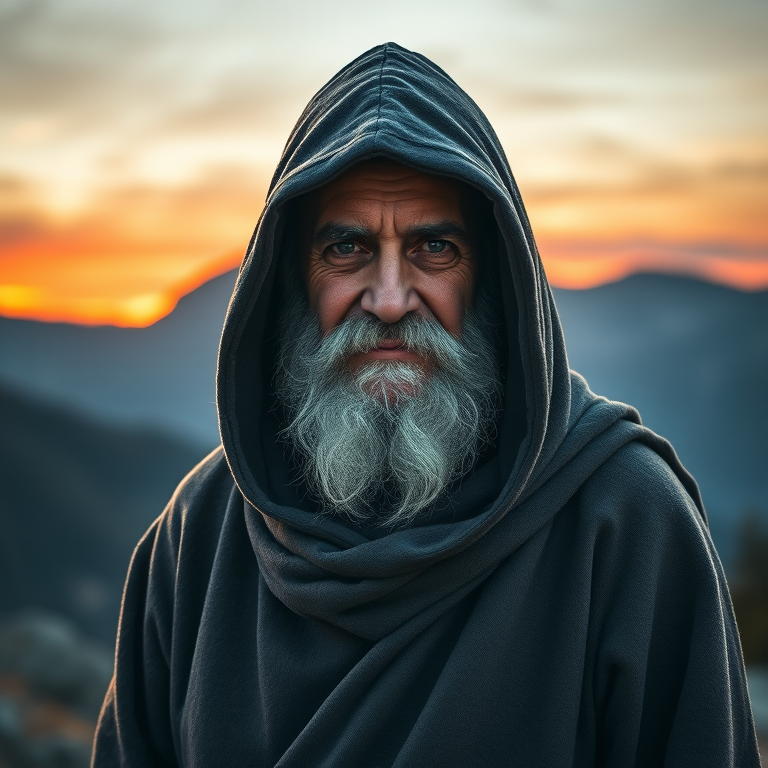 Regenerate an image of a wise old man in a hooded cloak standing against a sunset with mountains in the background, ISO 100, f/2.8, 1/125s, 50mm lens, portrait view, soft focus, DSLR camera.