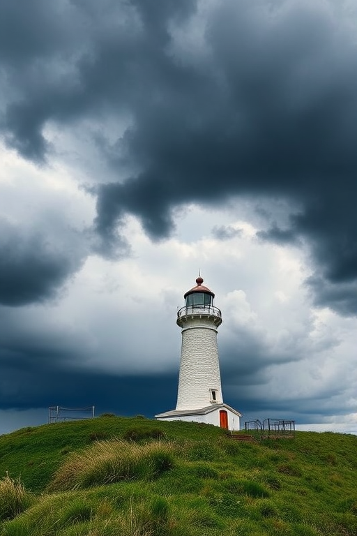 Lighthouse on a grassy hill under dramatic stormy clouds, captured with a DSLR camera, f/8 aperture, 1/250 sec shutter speed, ISO 200, wide-angle lens, focus on foreground with a slightly low angle view for added depth.