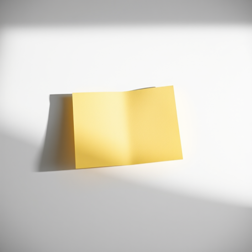 Create a minimalistic image of a blank yellow note on a flat surface with soft shadows, taken with a DSLR camera, f-stop at 2.8 for shallow depth of field, ISO 100 for clarity, and a focal length of 50mm to enhance detail and brightness.