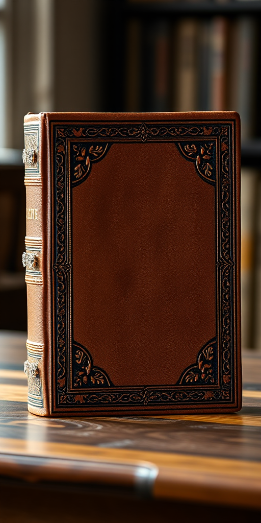 create a highly detailed image of a classic leather-bound book with ornate decorations and a blank cover, shot in natural light using a DSLR camera with a 50mm lens, aperture set to f/1.8 for a shallow depth of field, at ISO 200, positioned at eye level with a soft focused background to enhance texture and craftsmanship