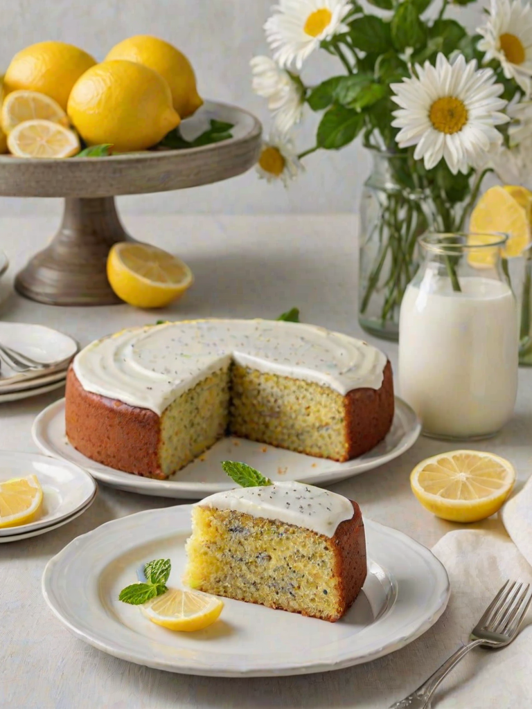 Create an image of a delicious lemon poppy seed cake served on a white plate. The cake should be topped with a smooth glaze and garnished with fresh lemon slices and mint leaves. Include a glass of milk in the background and a few whole lemons nearby. The setting should have a bright and cheerful atmosphere, with a light-colored tablecloth.