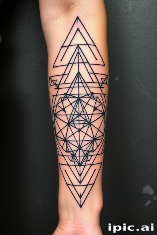 Intricate geometric blackwork tattoo covering the forearm, showcasing interconnected triangles and hexagons forming a mesmerizing optical illusion pattern with precise line work and negative space
