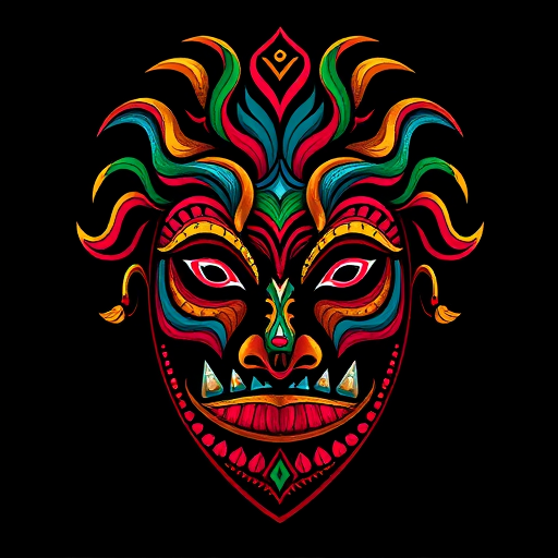 Create a vibrant, abstract digital illustration of an African tribal mask with intricate wavy patterns and bright colors against a black background, using a high-resolution camera with a 50mm lens at f/1.8, shutter speed 1/125s, ISO 100, in a symmetrical frontal view, with a focus on enhancing the textures and colors.