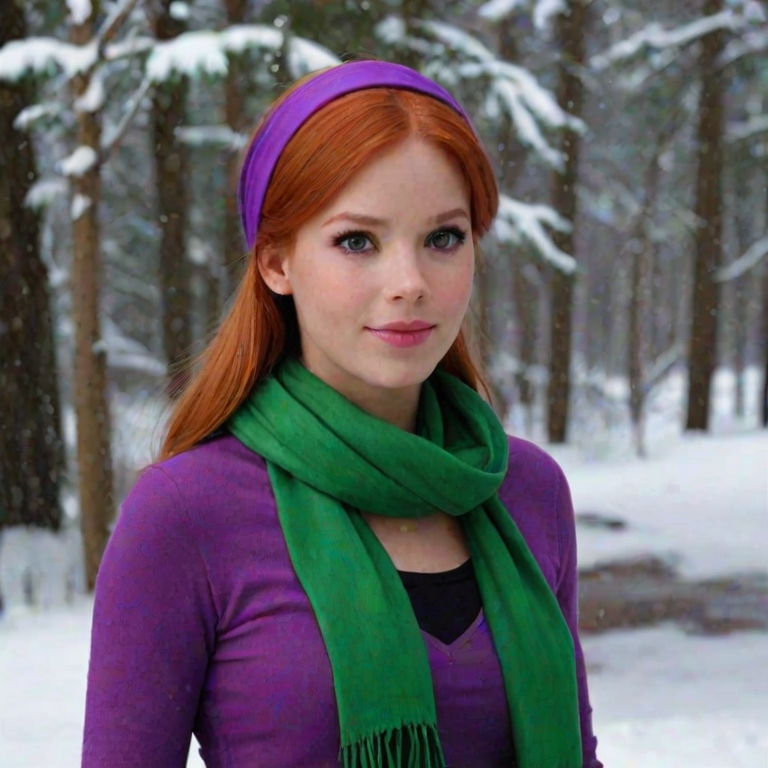 Daphne Blake,purple clothes,redhead,green scarf,purple headband,vibrant colors,very beautiful