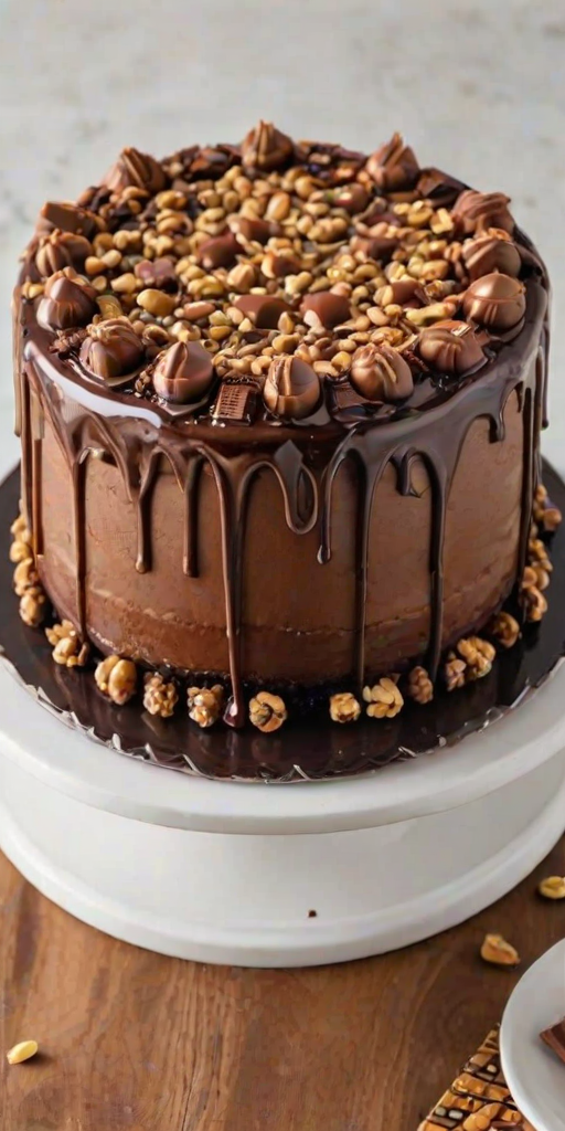Generate an image of a round chocolate cake decorated with a glossy caramel drip. The top features a smooth layer of chocolate ganache and is adorned with pieces of chocolate bars, crushed nuts, and swirls of caramel frosting. The sides of the cake should be frosted with a creamy peanut butter icing, and the base is decorated with chocolate cookie crumbs.
