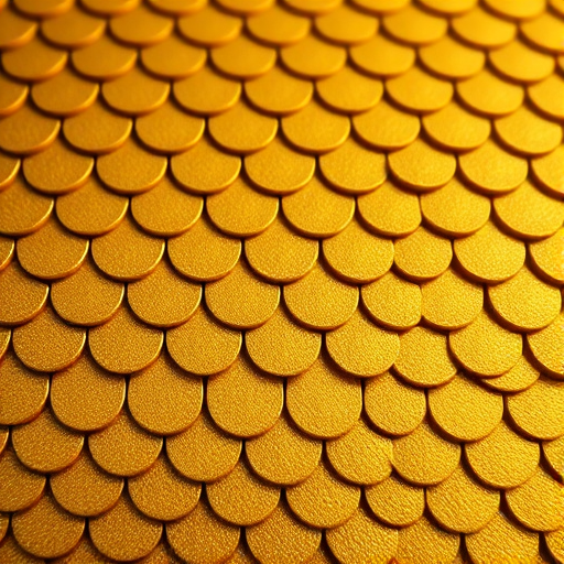 Create an intricate golden scale pattern with a slight sheen, using a Nikon D850, 35mm lens, f/8 aperture, ISO 100, and a soft focus background for depth.