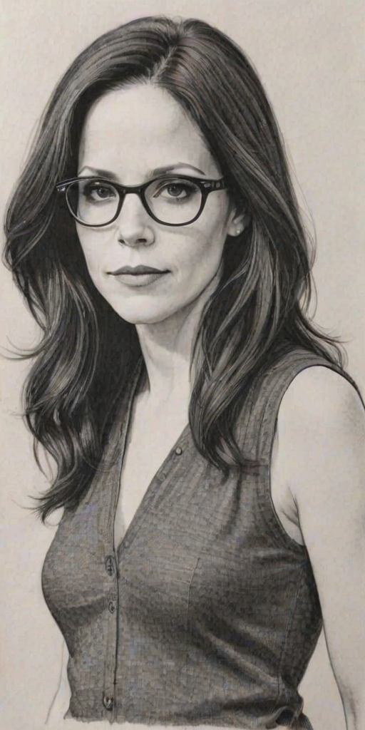 Beauteous Mary Louise Parker, pencil sketch, portrait of Stunning woman 1968s in glasses, hair style beatnik, outline, clear lines, fine lines, 8k