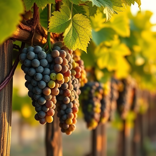 grapevine with clusters of ripe grapes hanging from wooden trellis, vivid green leaves, golden hour lighting, shallow depth of field, 50mm lens, f/1.8, ISO 100, DSLR camera, soft bokeh background