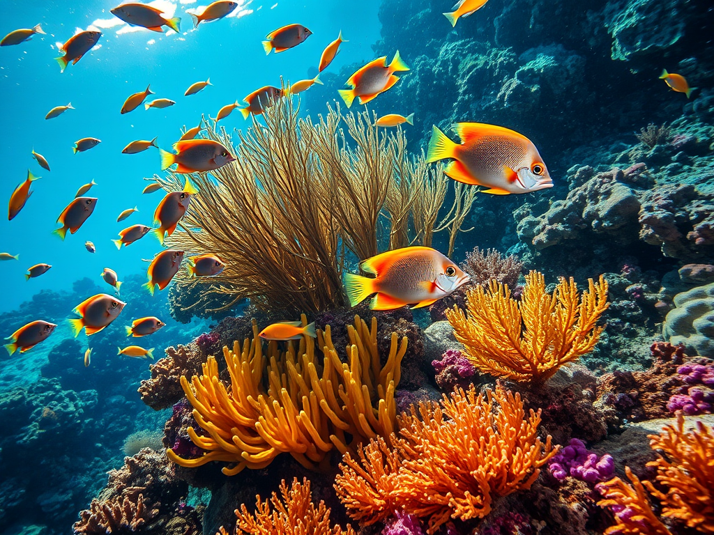Create a vibrant underwater scene featuring colorful fish swimming among bright coral reefs and sea plants, captured with a Canon EOS R5, 35mm lens, f/2.8 aperture, ISO 200, and a shallow depth of field for enhanced detail and color saturation.